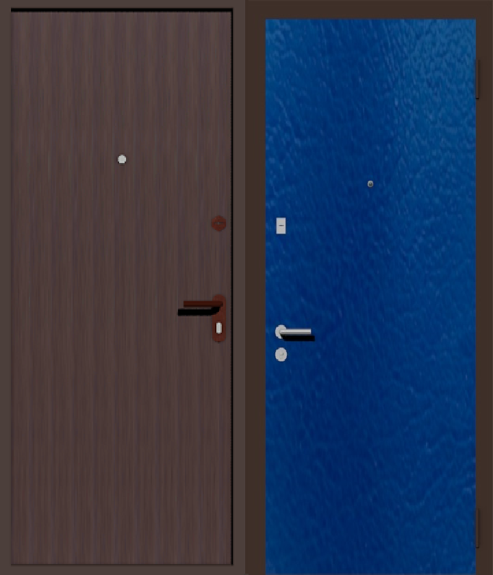 дверь металлическая дешевая с отделкой винилискожей синяя с  внутренней стороны и коричневая с наружной 